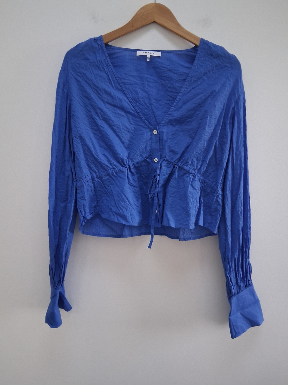 Frame Denim Long Sleeve Empire Waist Crop Top Blouse Blue Size Medium